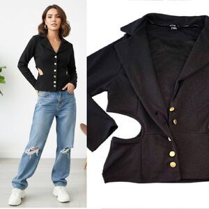 Chic Black Textured Side Cutout Cardigan Gold Button Top Plussize 1X